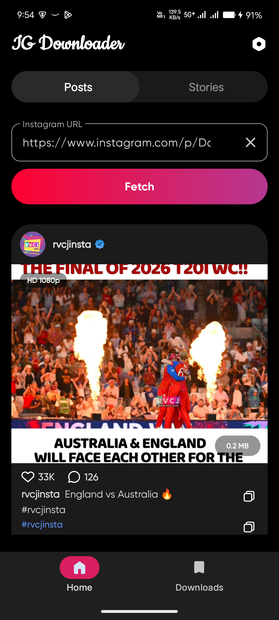 IG Downloader app showing post download